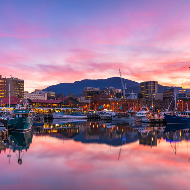 Hobart waterfront at sunset