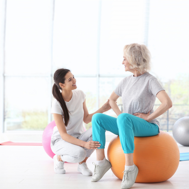 Woman on fit ball with female physiotherapist